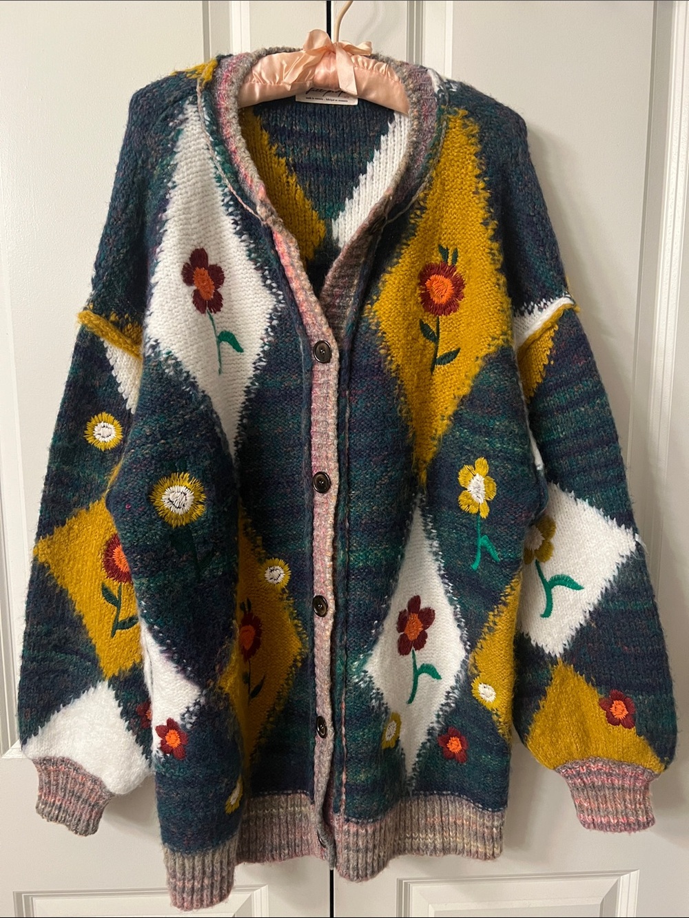 ✨RARE✨ Free People: “Flower Petal Cardigan” (Floral Argyle Oversized Cardigan) - Picture 1 of 6